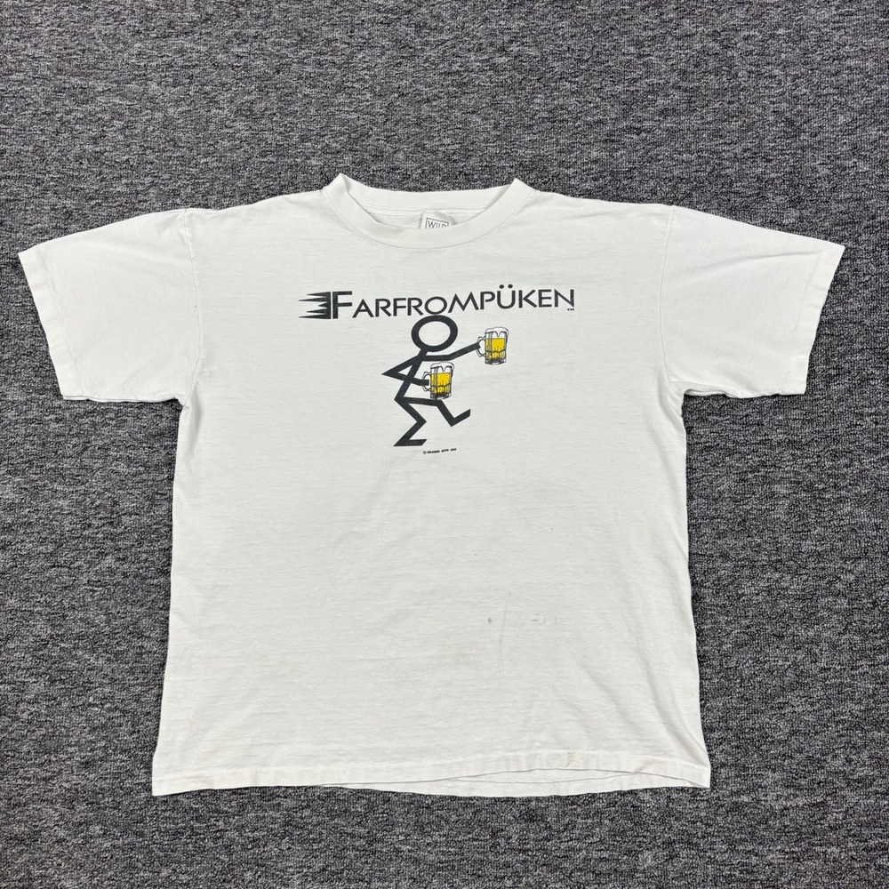 Vintage 90s Humor Wild Oats Farfrompuken Beer Graphic White T-Shirt Men's XL
